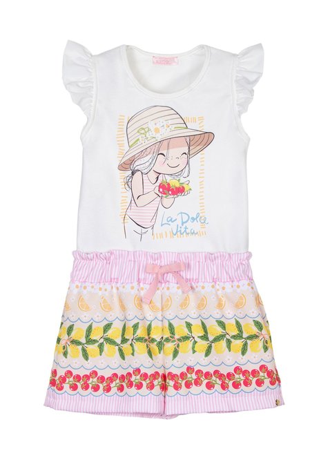01 conjunto blusa e shorts fruits menina e boneca