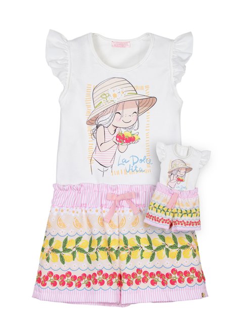 02 conjunto blusa e shorts fruits menina e boneca